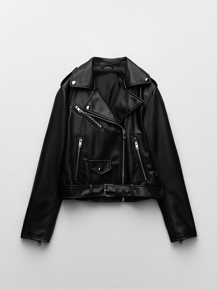 Riding Jacket Leather - Ailegogo Streetwear donna Slim Fit nero